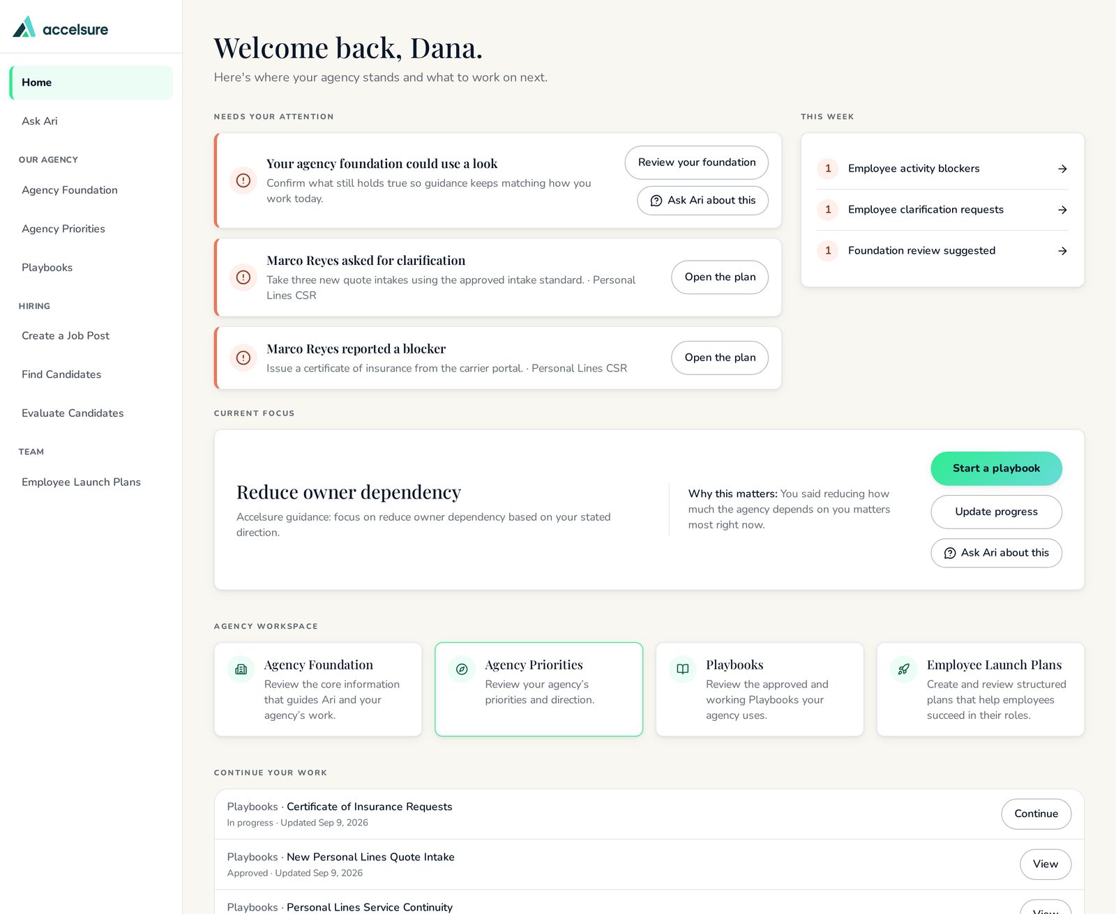 The Accelsure owner home for the fictional Accme Insurance agency, showing agency priorities, employee updates that need attention, and the agency workspace.